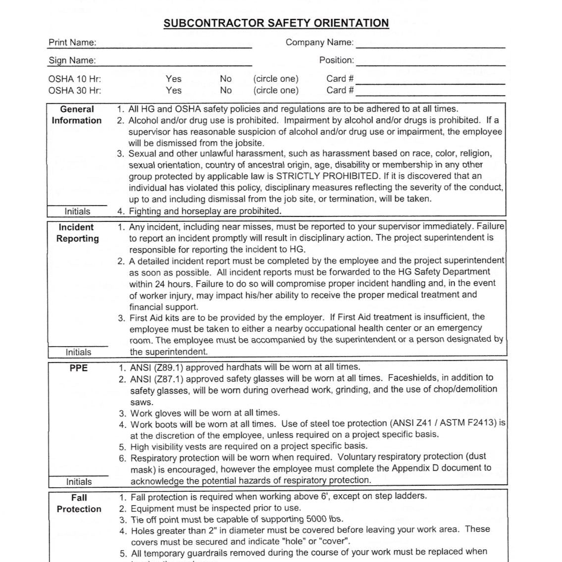 The Go Build Job Site SAFETY ORIENTATION 30 pages keeps safety details organized, covering OSHA info, policies, incident reporting, PPE and fall protection requirements, plus supervisor signatures and checkbox sections for initials.